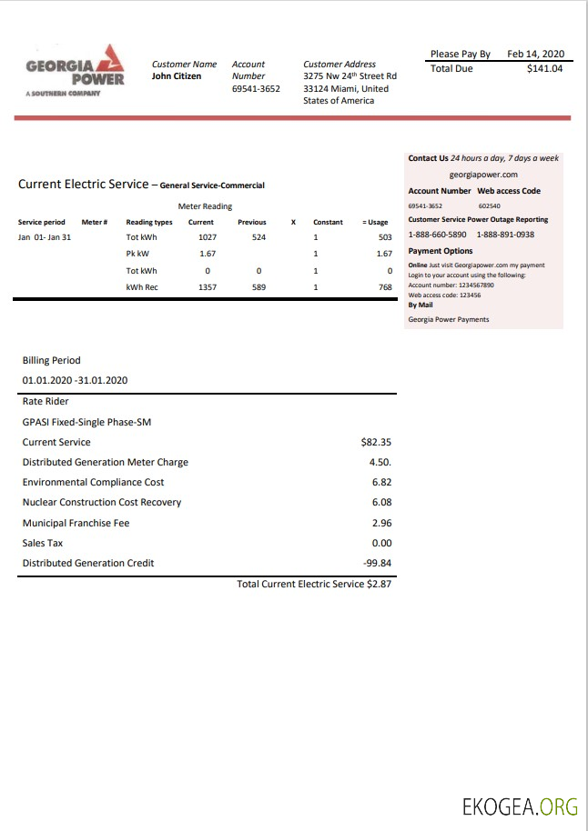 USA Georgia Power utility bill template in Word and PDF format, fully editable